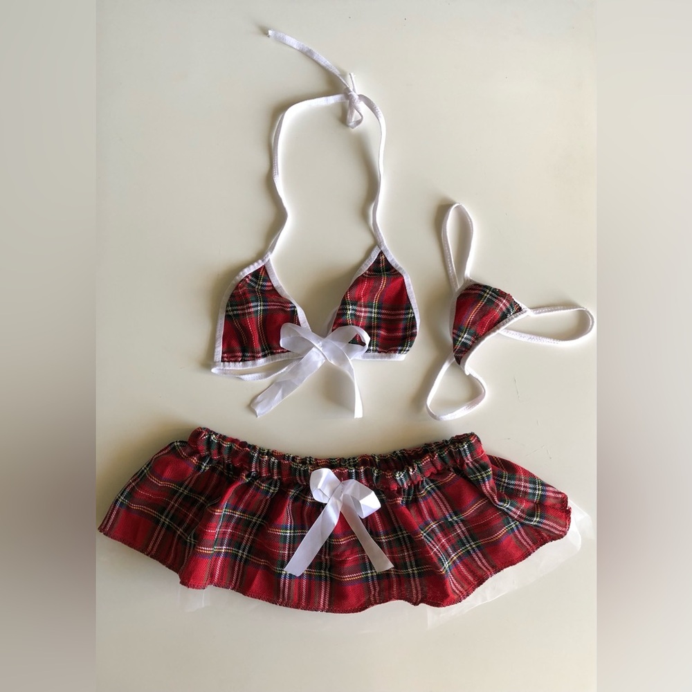 New Women Plaid School Girl Cosplay Halloween Lingerie 3pc Outfit Size Small